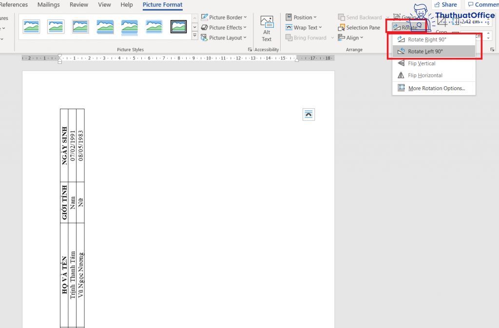 xoay bảng trong Word